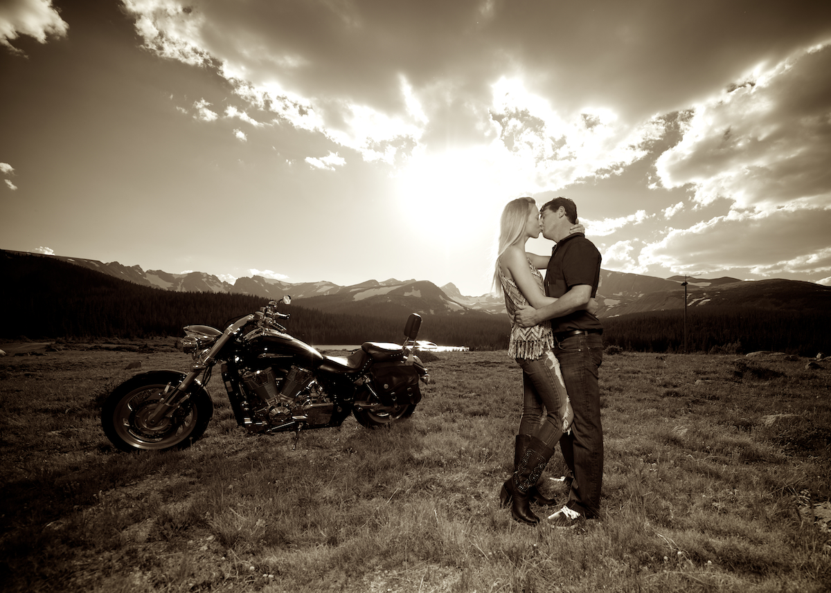 Brainard Lake Ward Colorado Mountain Engagement kissing motorcycle