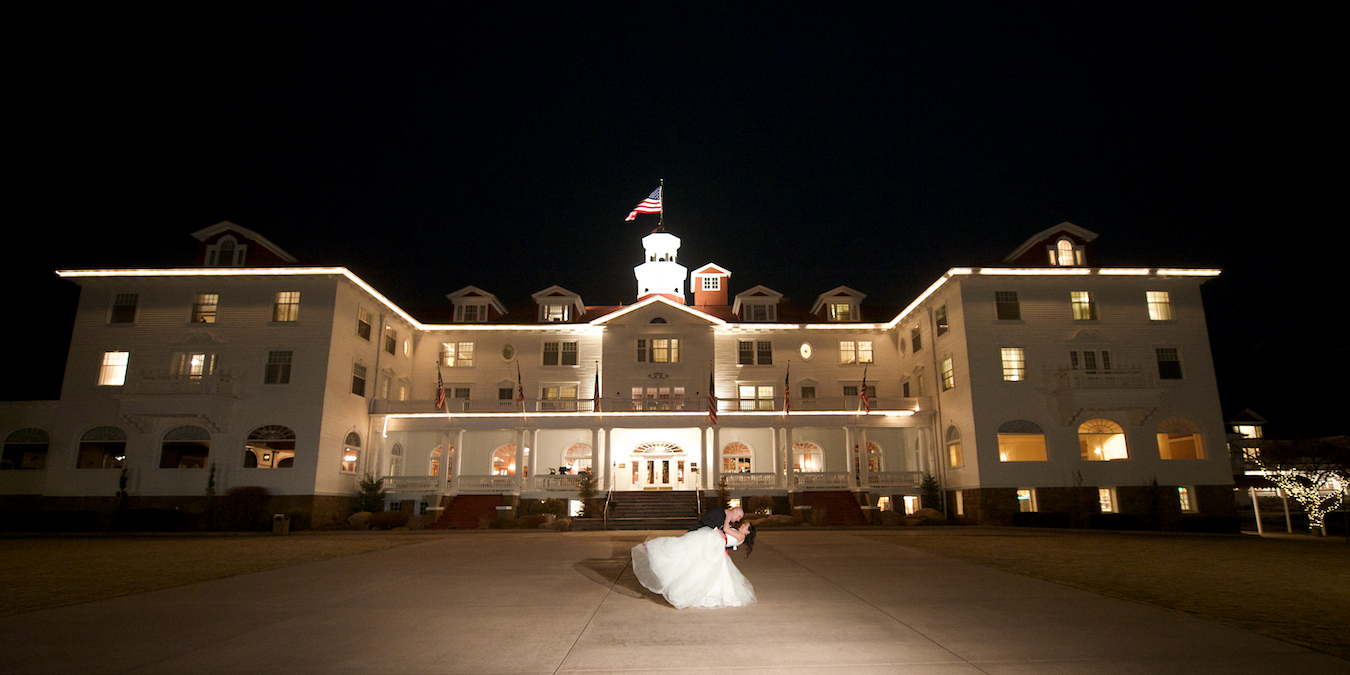 Stanley Hotel Estes Park Colorado Winter Mountain Wedding Dip Kiss at Night