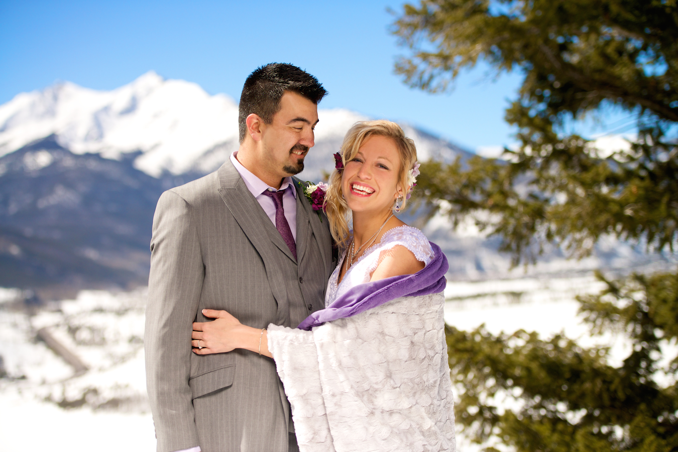 Sapphire Point Overlook Wedding Dillon Colorado Bride and Groom In Snowy Mountain in Winter