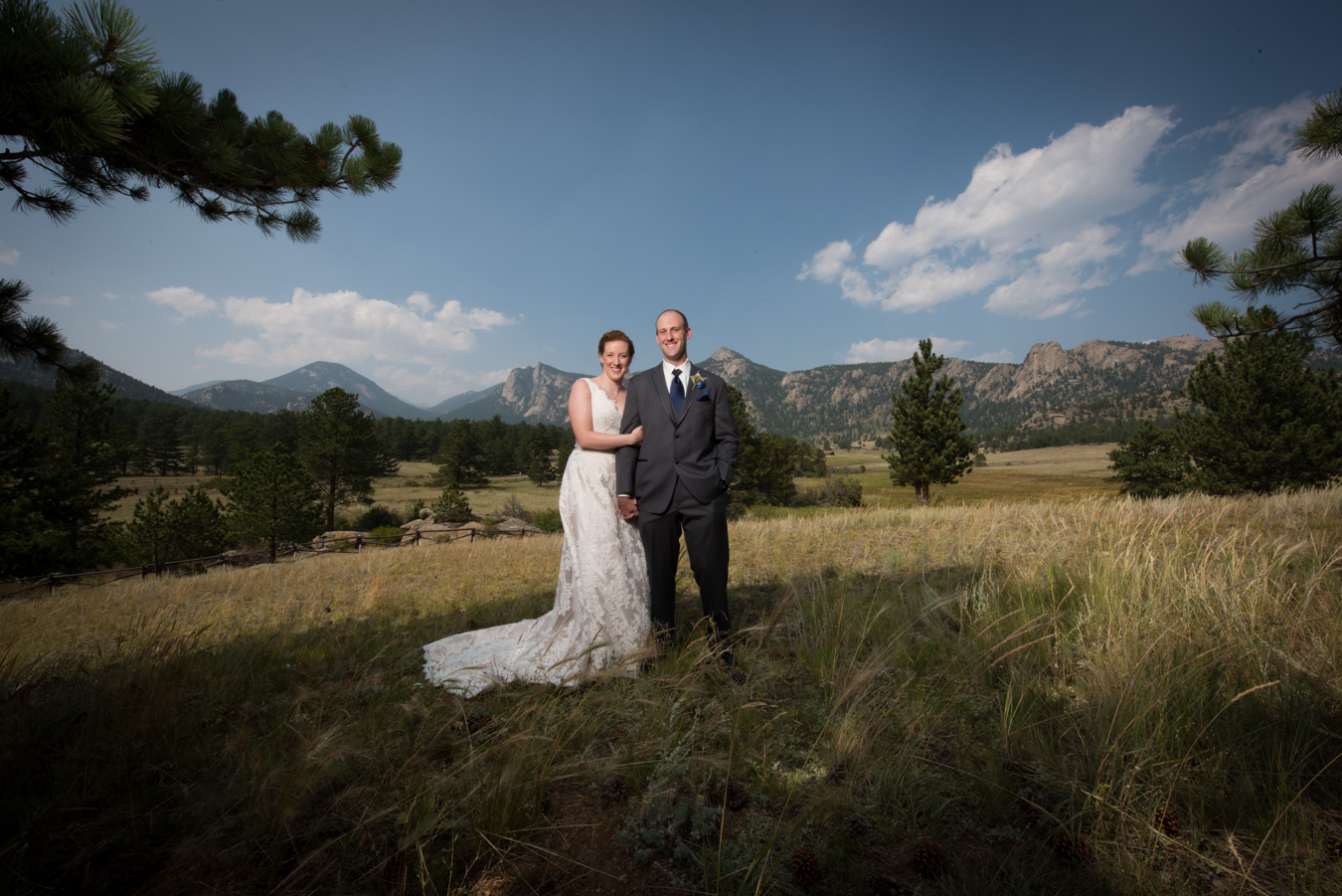 Black Canyon Inn Wedding Estes Park Bride Holding Grooms Arm in Field