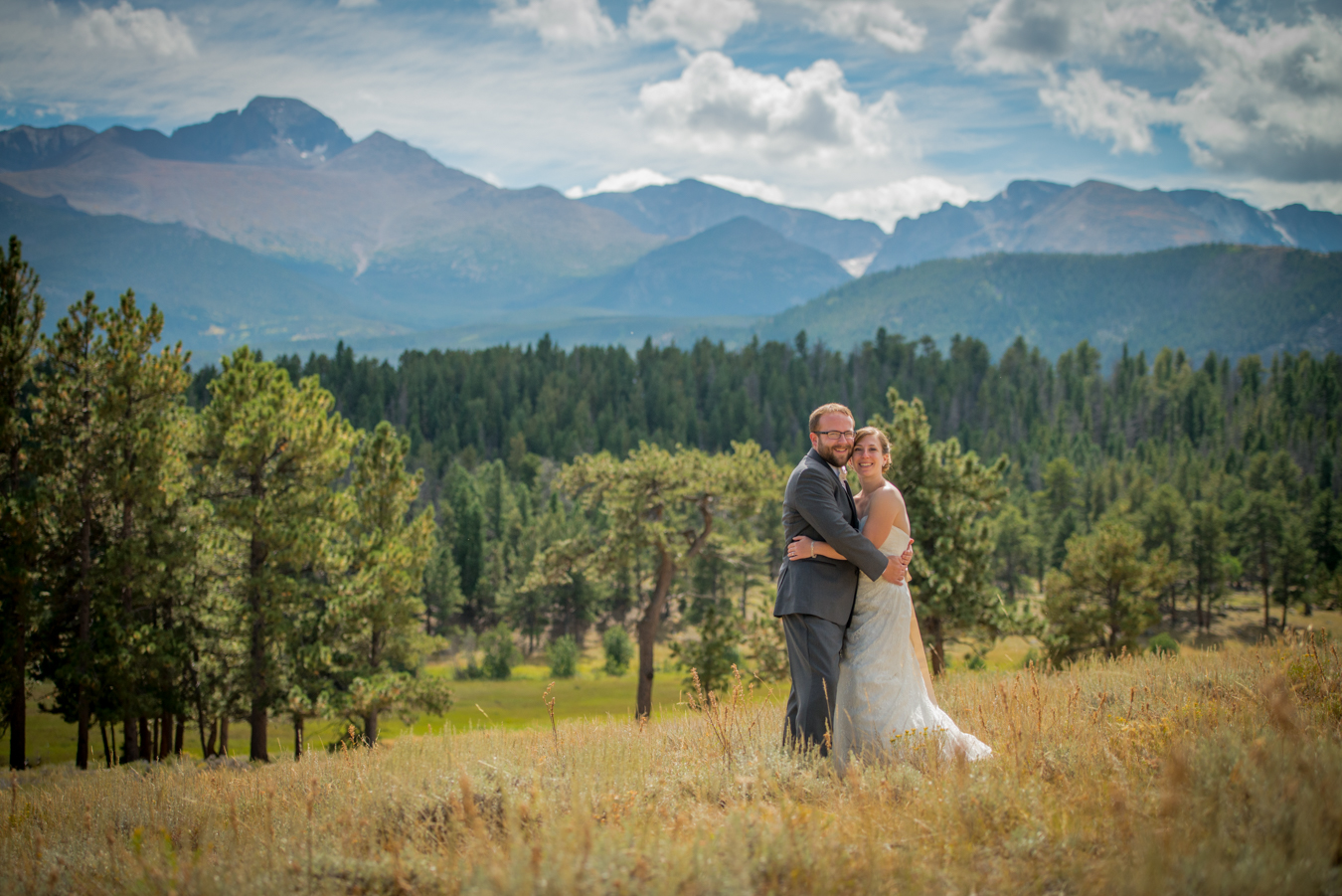 Rocky Mountain National Park Wedding Bride and Groom in Front of Trees and Mountains