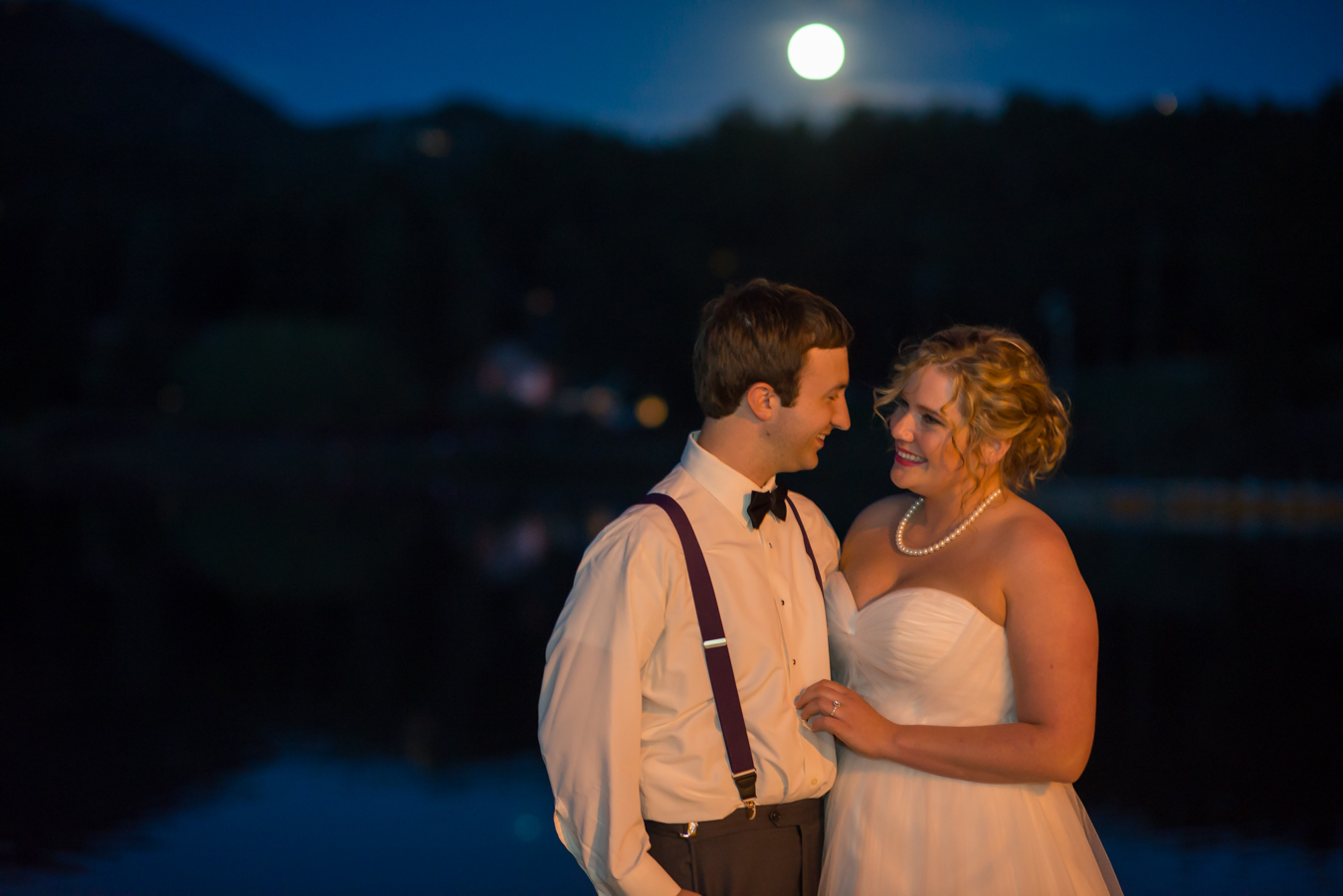 Evergreen Lakehouse Wedding Night Photo with Full Moon