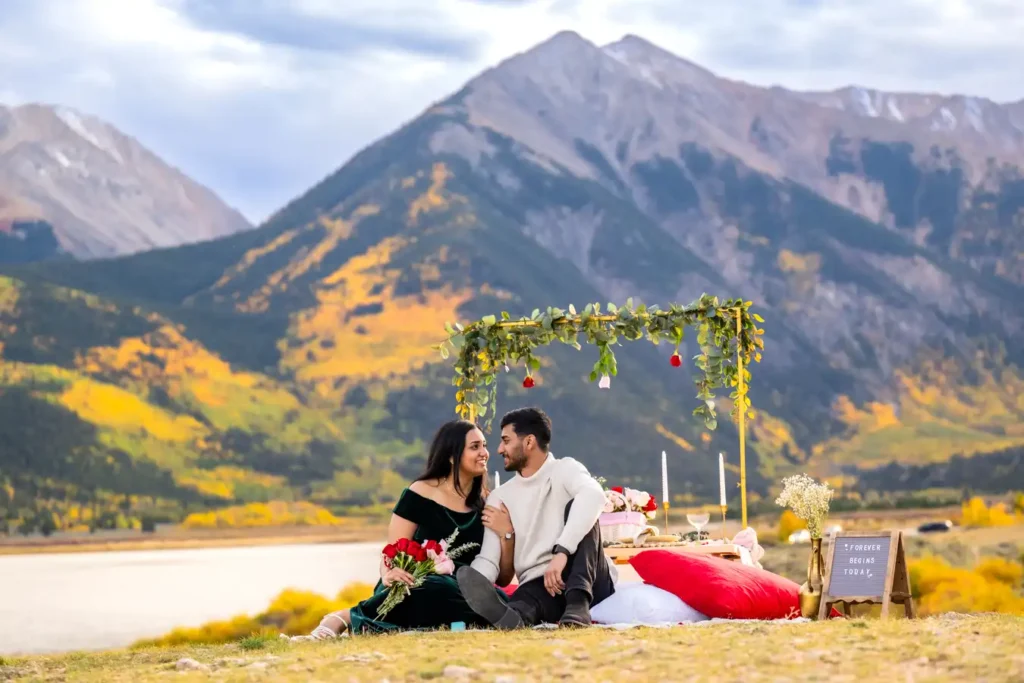 Twin Lakes Fall Colors Proposal Picnic Setup Engagement