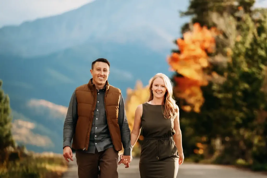 Twin Lakes Fall Proposal Walking Down a Mountain Road