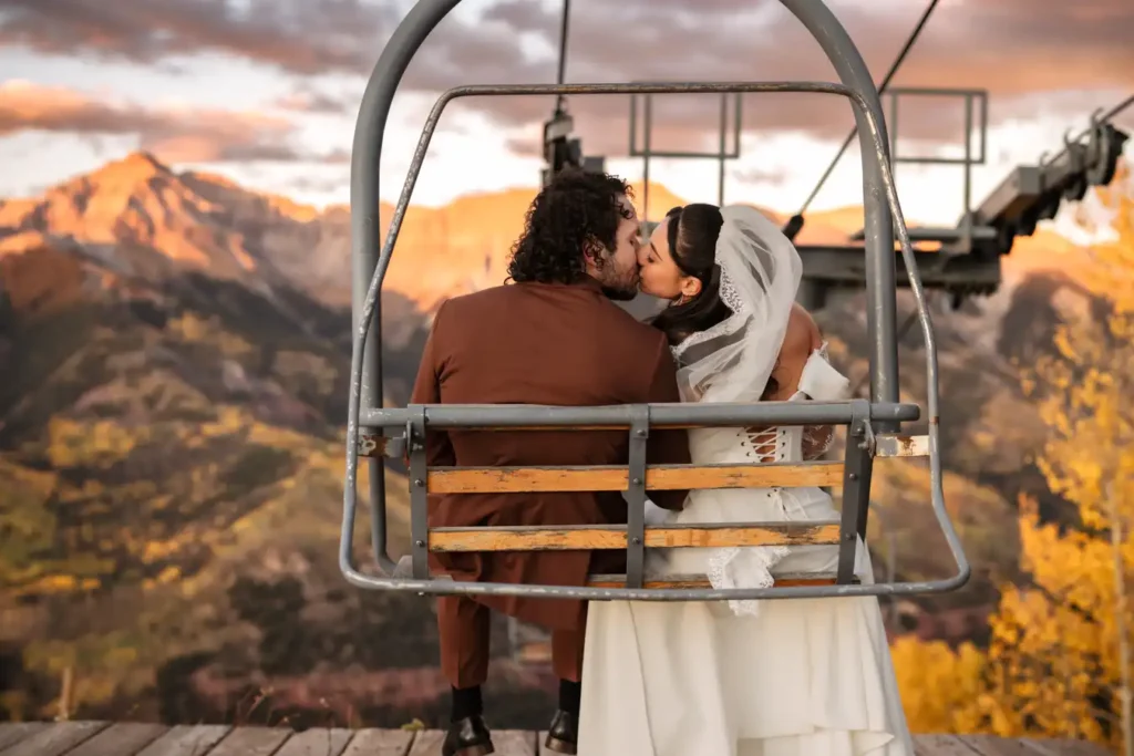 Telluride Fall Wedding Chairlift Kiss