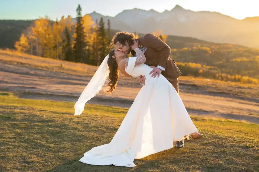 Telluride Fall Wedding Sunset Dip Kiss