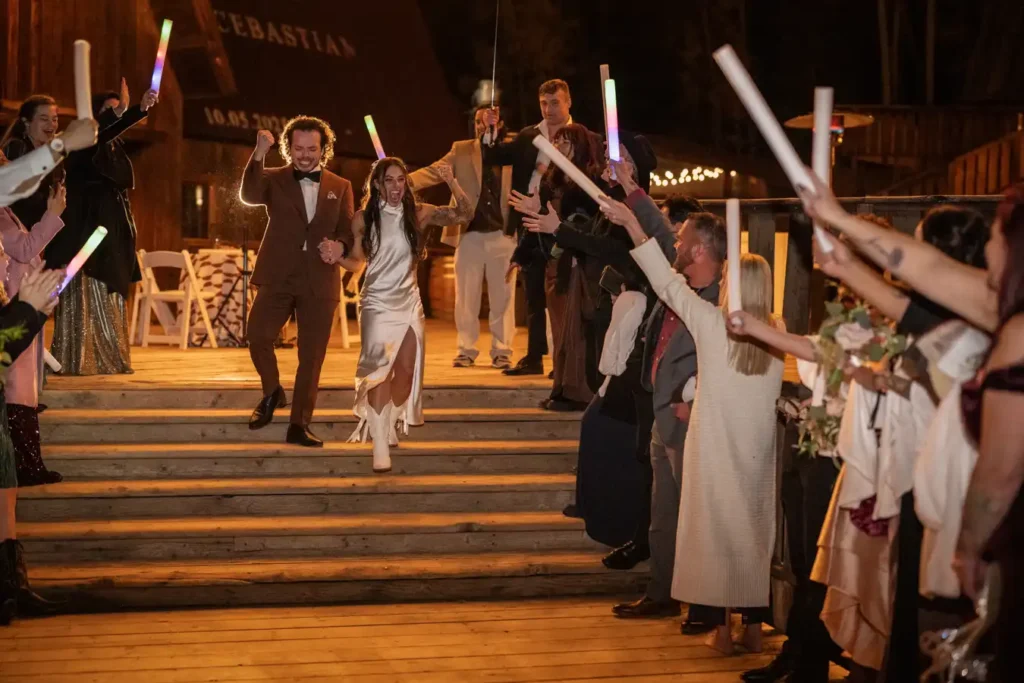 Telluride Gorrono Ranch Fall Wedding Reception Formal Exit Backlit