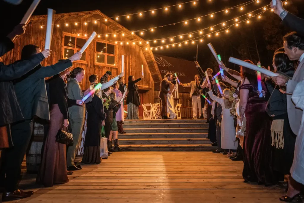 Telluride Gorrono Ranch Fall Wedding Reception Formal Exit Kiss