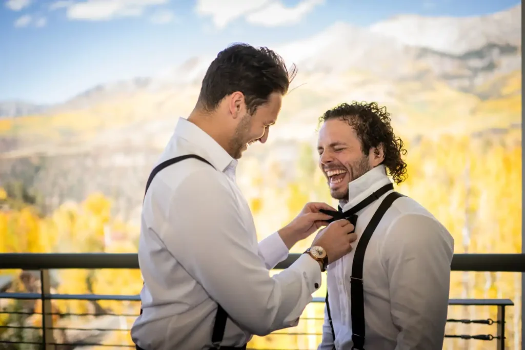 Telluride Wedding Getting Ready Groom Laughing