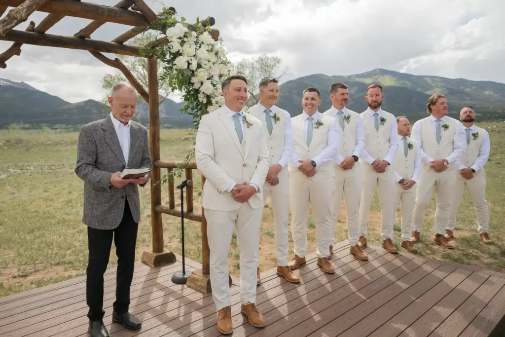 The Barn at Sunset Ranch Wedding Ceremony Groomsmen Up Front