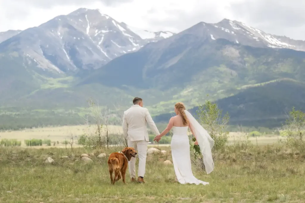 The Barn at Sunset Ranch Wedding Golden Retrievers Walking Away With Couple