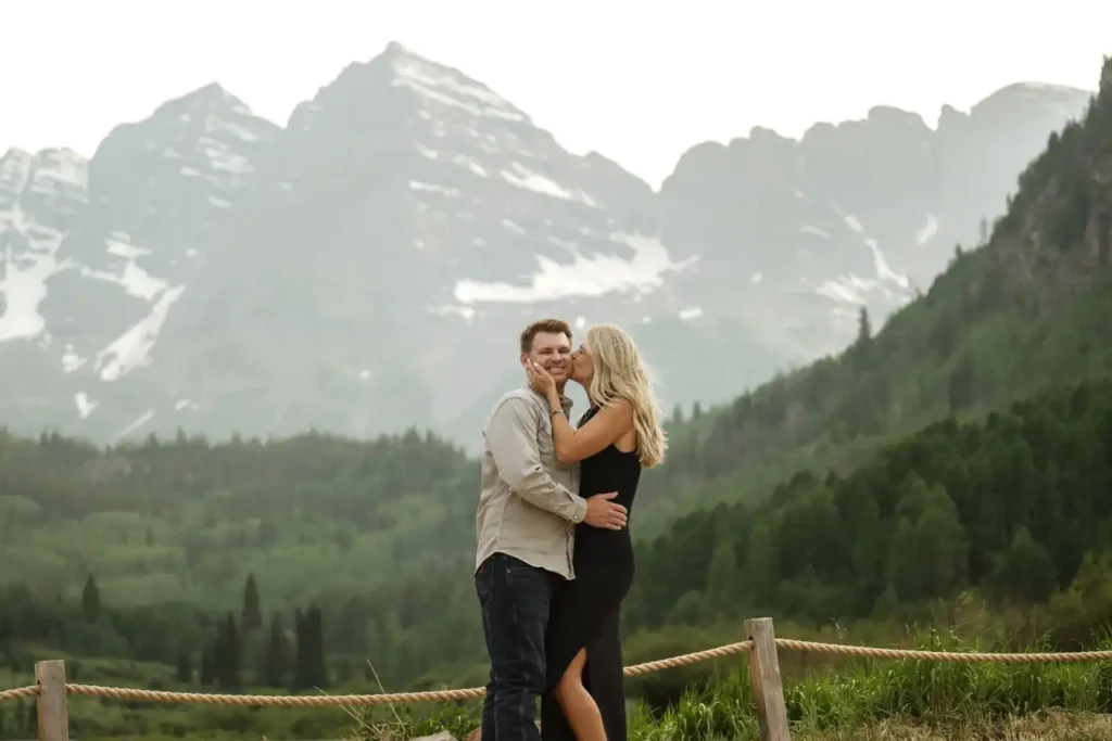 Maroon Bells Proposal June Kiss on Cheek