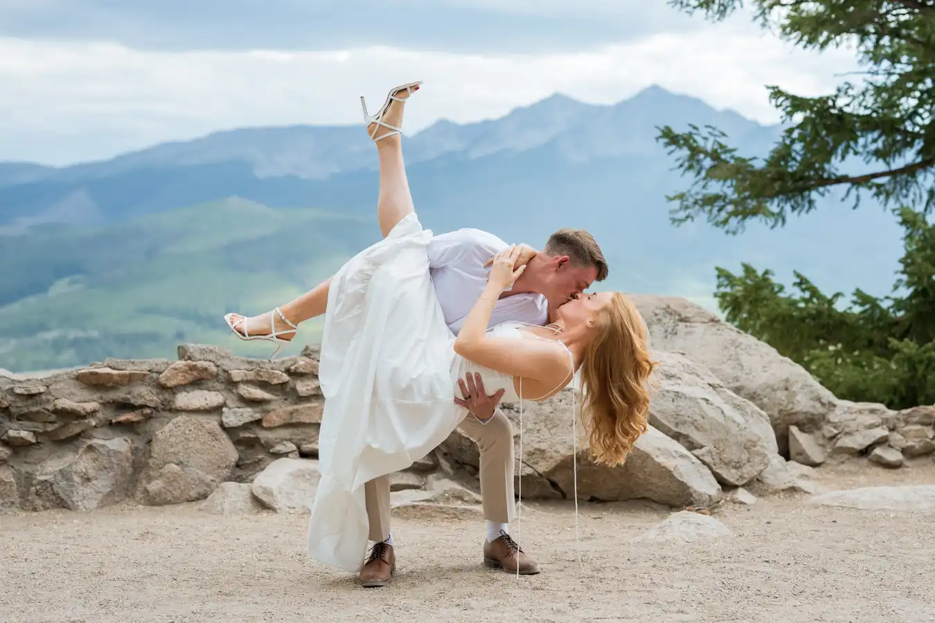 Sapphire Point July Engagement White Dress Dip Kiss