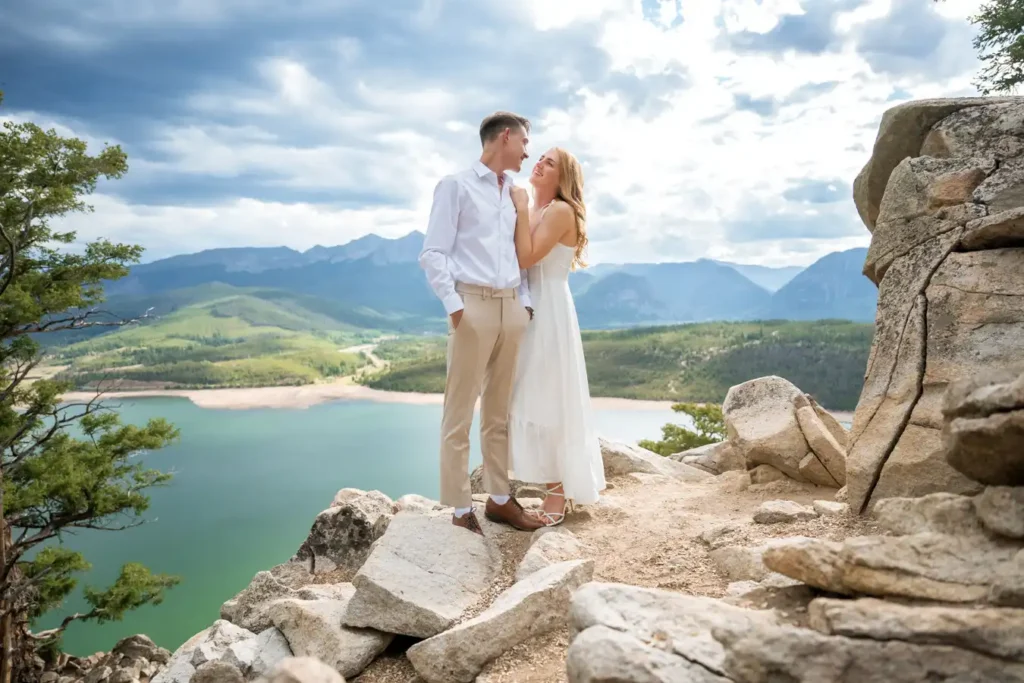 Sapphire Point July Engagement White Dress Holding His Arm