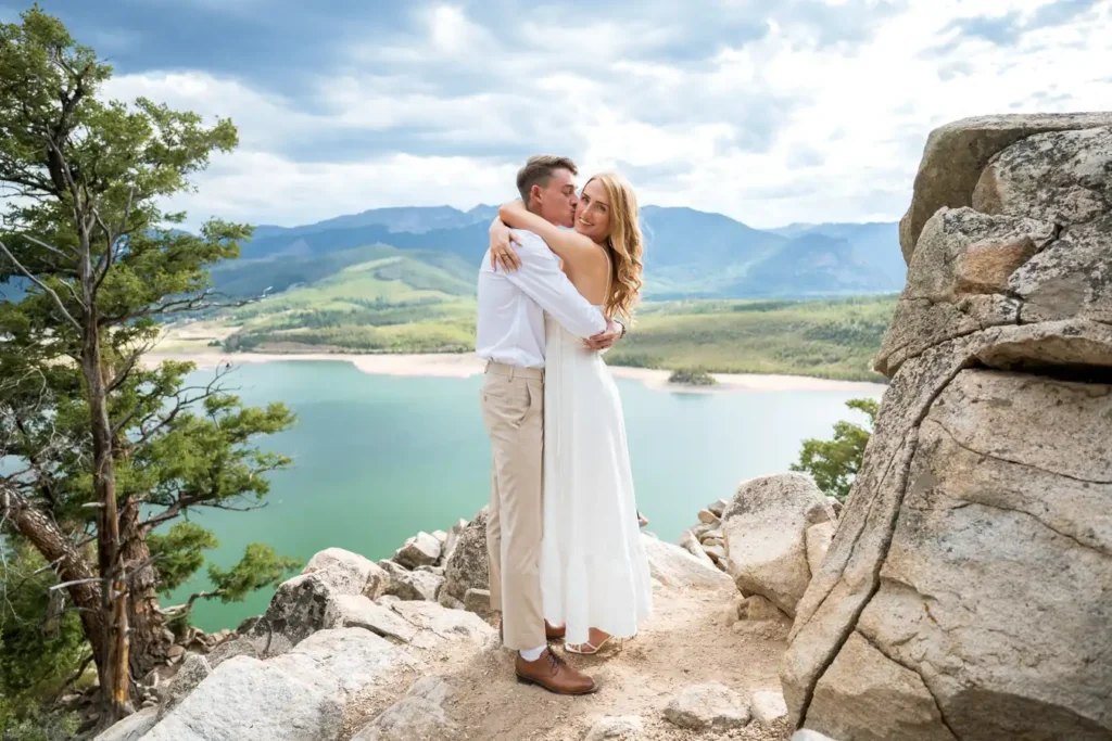 Sapphire Point July Engagement White Dress Mountain Lake